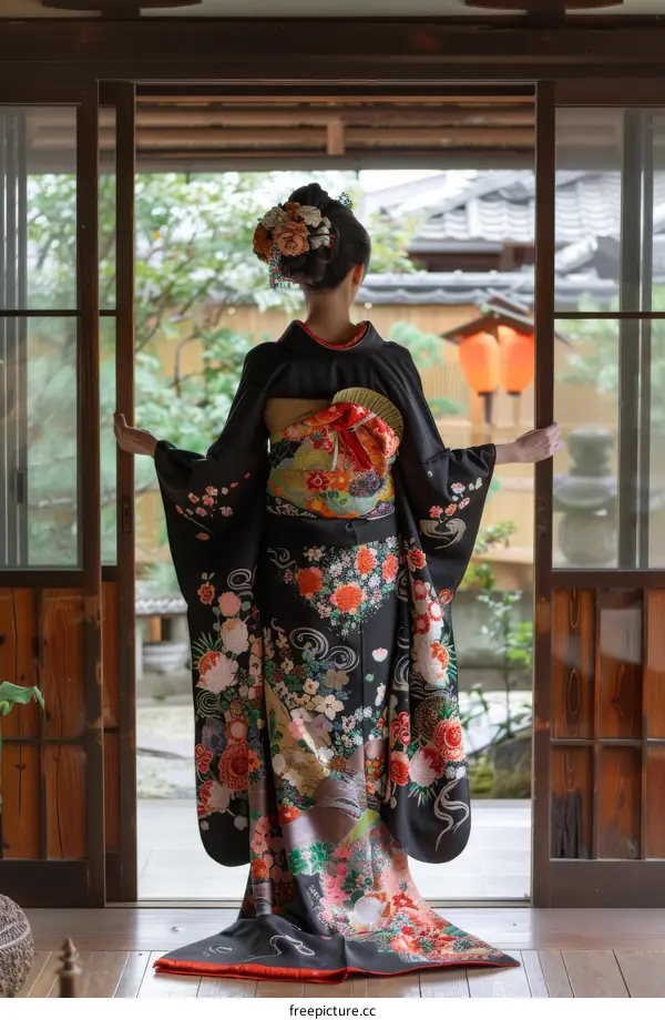 A woman wearing a kimono is standing in a traditional Japanese house.