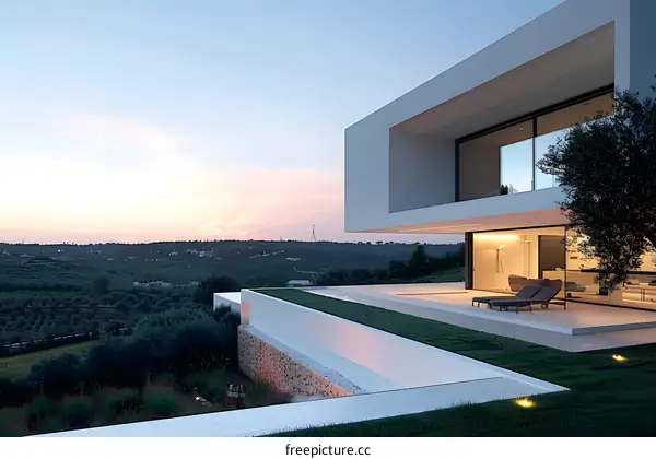 Modern White Villa With Swimming Pool And Sunset View