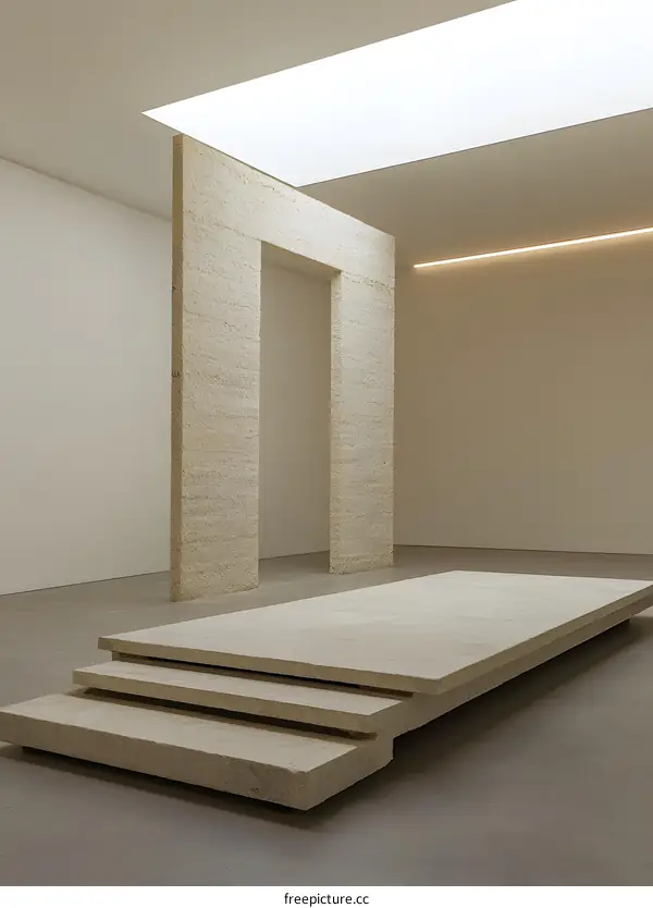 Modern Minimalist Interior Design with Stone Platform and Skylight