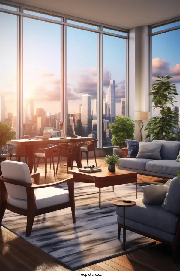 city apartment interior design living room home sunset cityscape view
