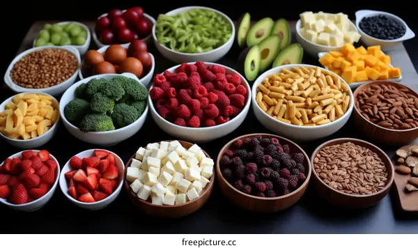 A variety of healthy foods, including fruits, vegetables, grains, and proteins