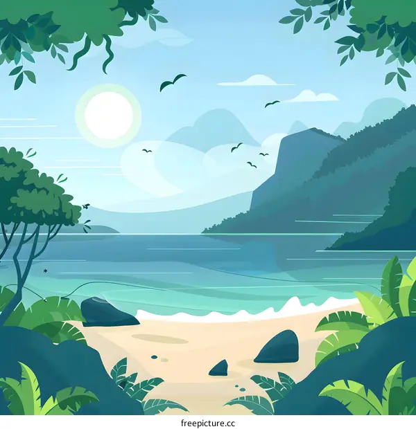 Tropical Beach Landscape With Mountains And Palm Trees