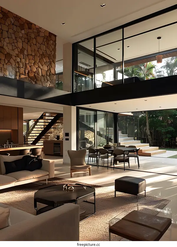 Modern Open Concept Home Interior Design with Stone Wall and Large Windows