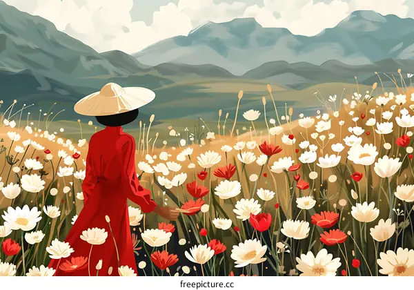 Woman in Red Dress Walking Through a Field of Flowers with Mountains in the Background