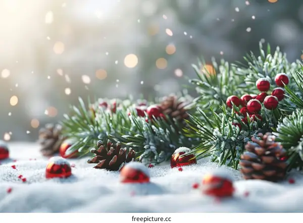 Christmas Background with Fir Branches, Pine Cones, and Red Berries