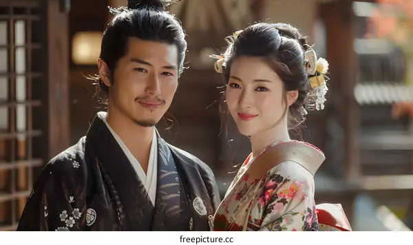 A Japanese couple wearing traditional kimonos