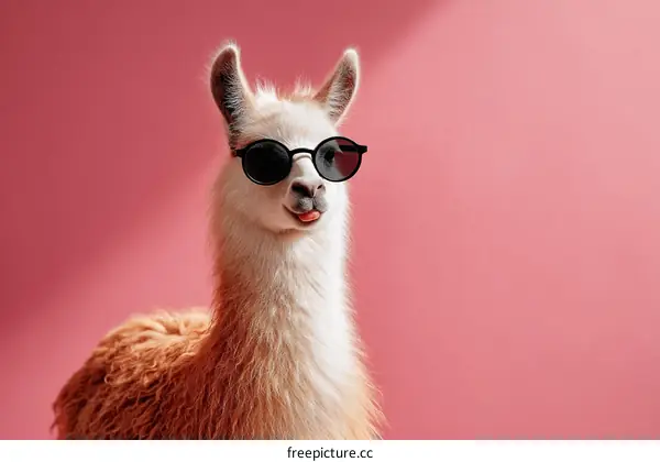 Funny Llama Wearing Sunglasses Against Pink Background