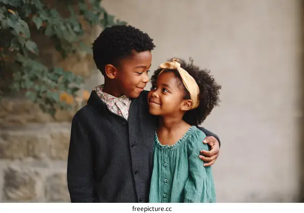Two children bonding close up