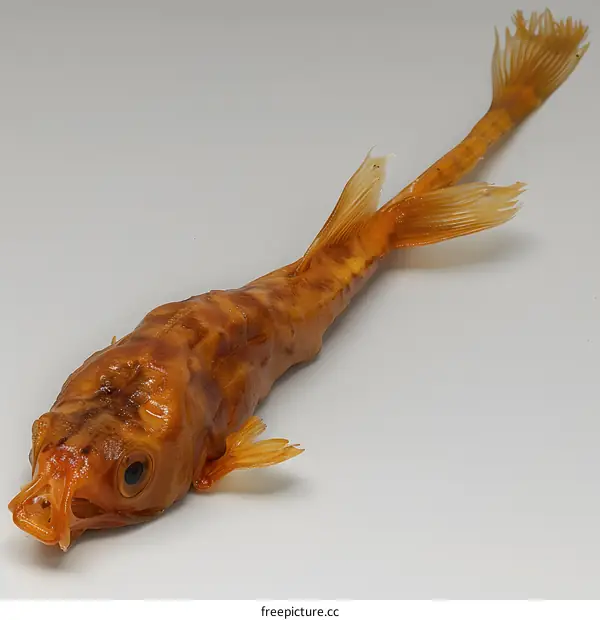 A preserved fish specimen with a long tail