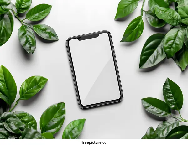 Black Smartphone with Green Leaves on White Background