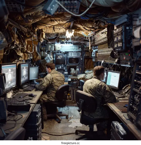 Two soldiers working in a military command center.