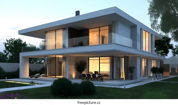 Modern White House with Large Windows and Patio
