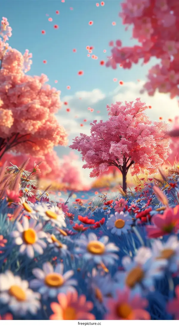 Field of pink cherry blossom trees in full bloom