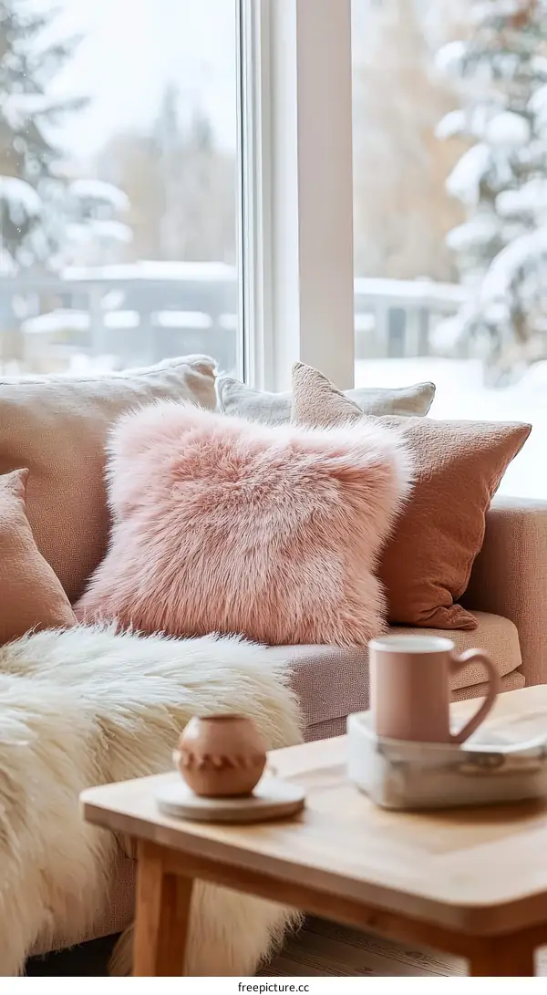 Cozy Winter Living Room with Pink Throw Pillow