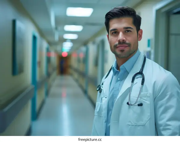 Portrait of a male doctor in a hospital hallway