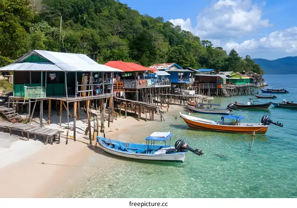 Tropical Beach Houses with Boats Docked