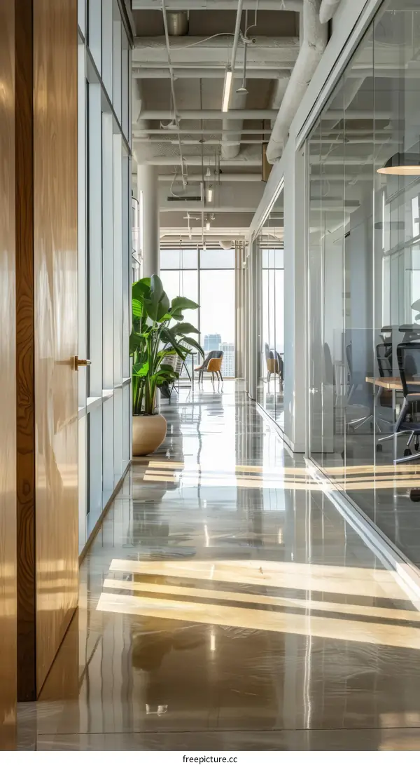 Office Space With Large Windows and Wooden Door