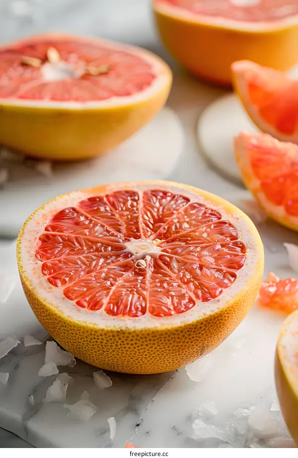 Freshly Cut Pink Grapefruit on Marble Surface