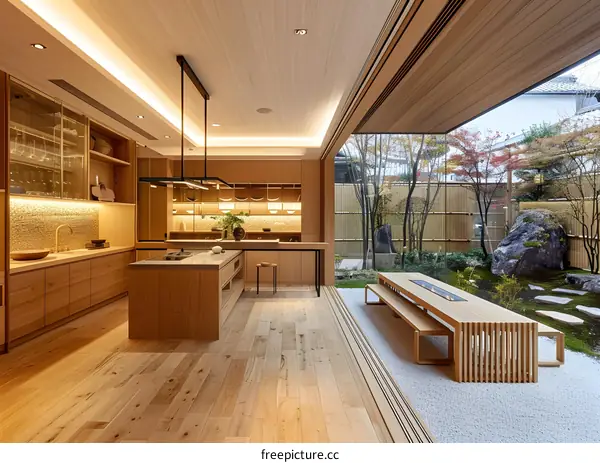 Modern Kitchen with a Japanese Garden View