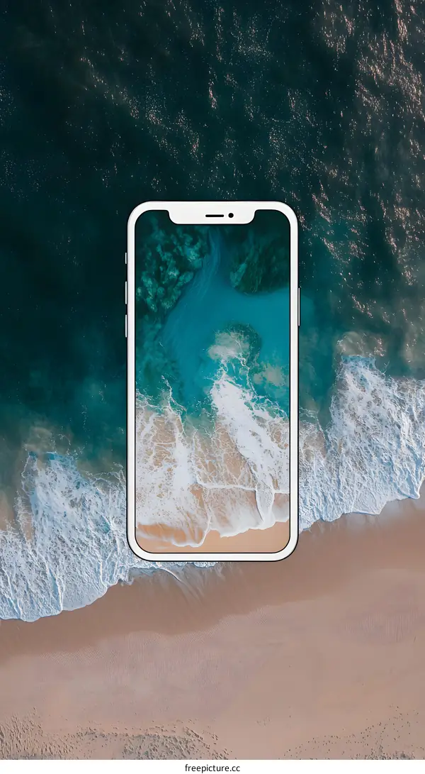 Aerial View of a Smartphone Displaying a Beach Scene