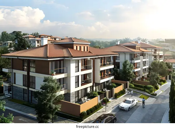 European style residential buildings with nice courtyard and green area