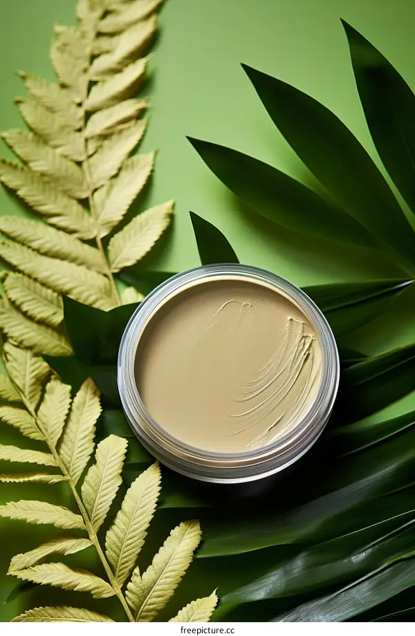 Close-up view of organic natural face cream with green leaves