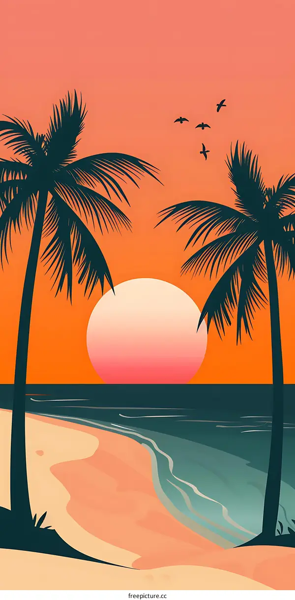 Sunset Illustration With Palm Trees And Beach