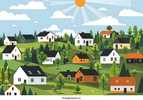 Colorful Illustration of a Small Village with Houses and Trees