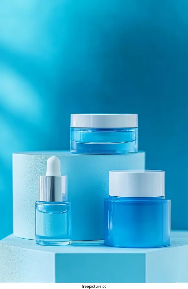 Blue Cosmetic Products Display on a Light Blue Background