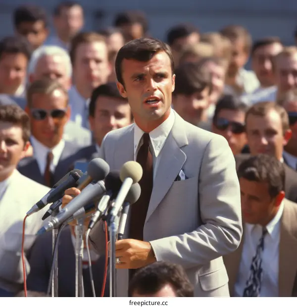 Robert F. Kennedy giving a speech in front of reporters
