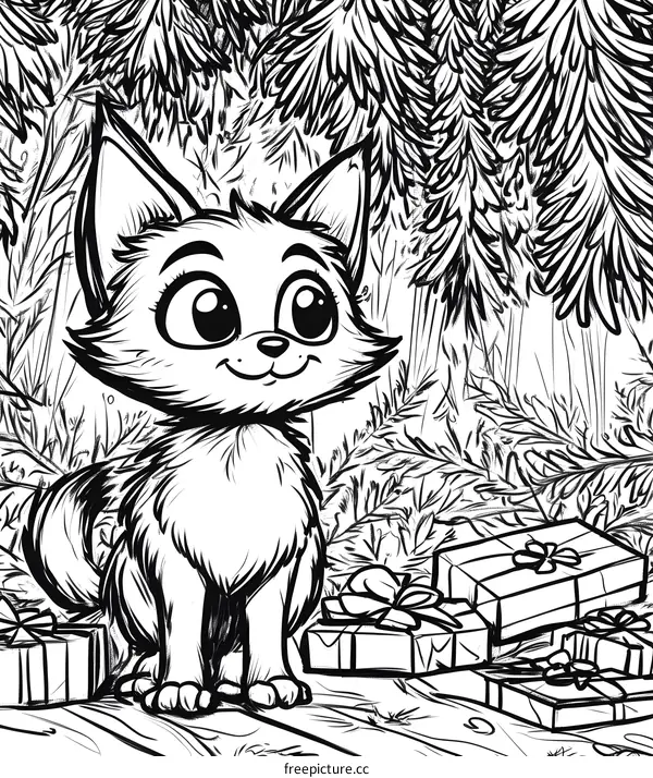 Cute Cartoon Fox Sitting Among Christmas Presents Under Pine Trees