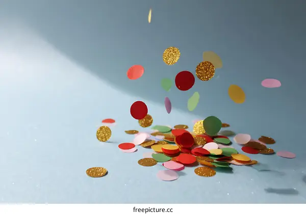 Colorful Confetti Falling on a Light Blue Surface
