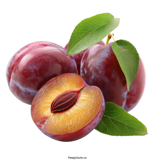 [Transparent Background PNG]Fresh plums with leaf on transparent background