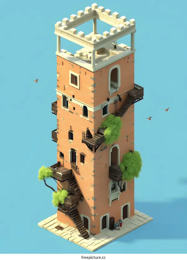 3D Illustration of an Old Brick Tower with Many Windows and Wooden Stairs