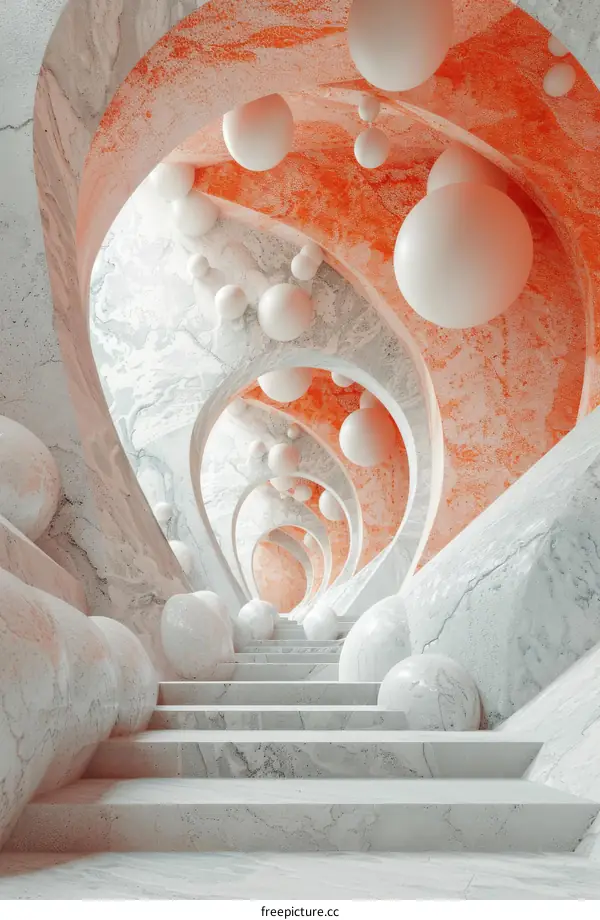 Abstract Marble Stairway with Ornate Arches and Floating Spheres
