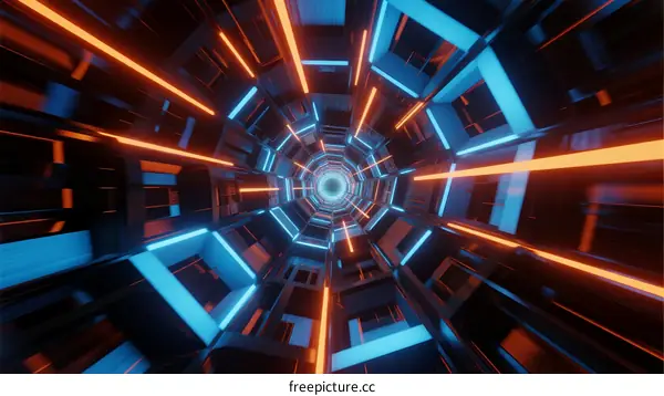 Abstract Neon-Lit Tunnel with Geometric Shapes and Glowing Lines
