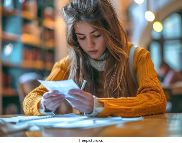 Young woman reading a letter in a library