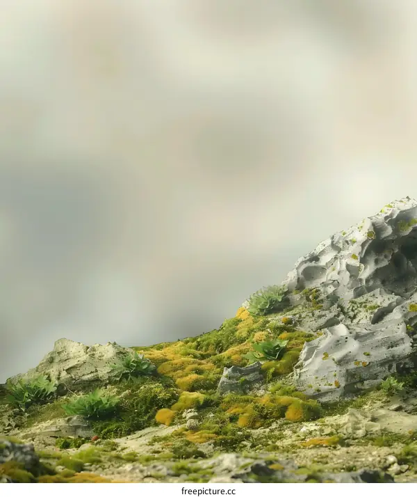 Close Up of Mossy Rocks with Blurry Sky Background