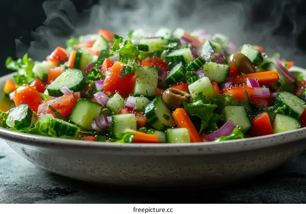 Refreshing and crunchy salad with cucumber, tomato, carrot, onion, and parsley