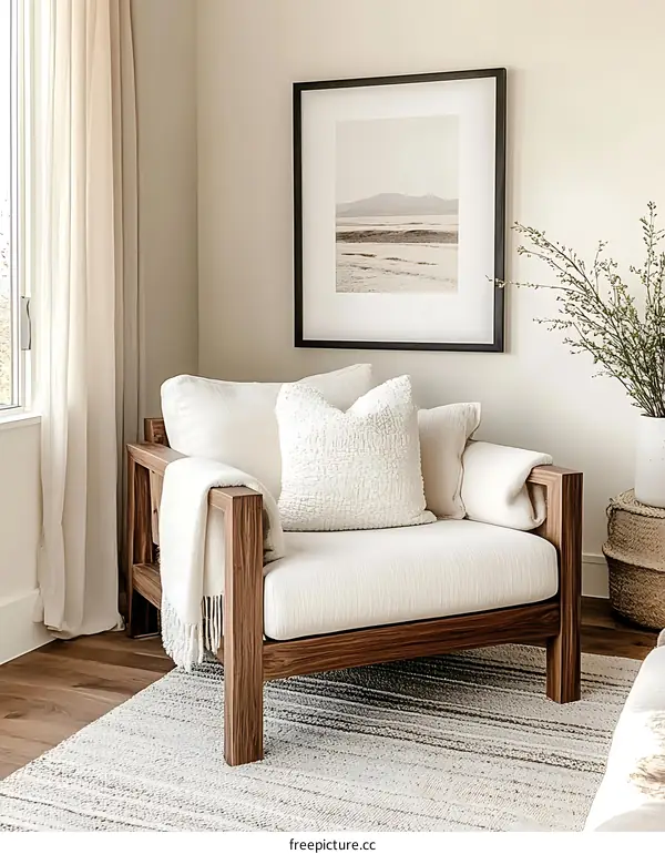 Modern Wooden Armchair with Abstract Artwork