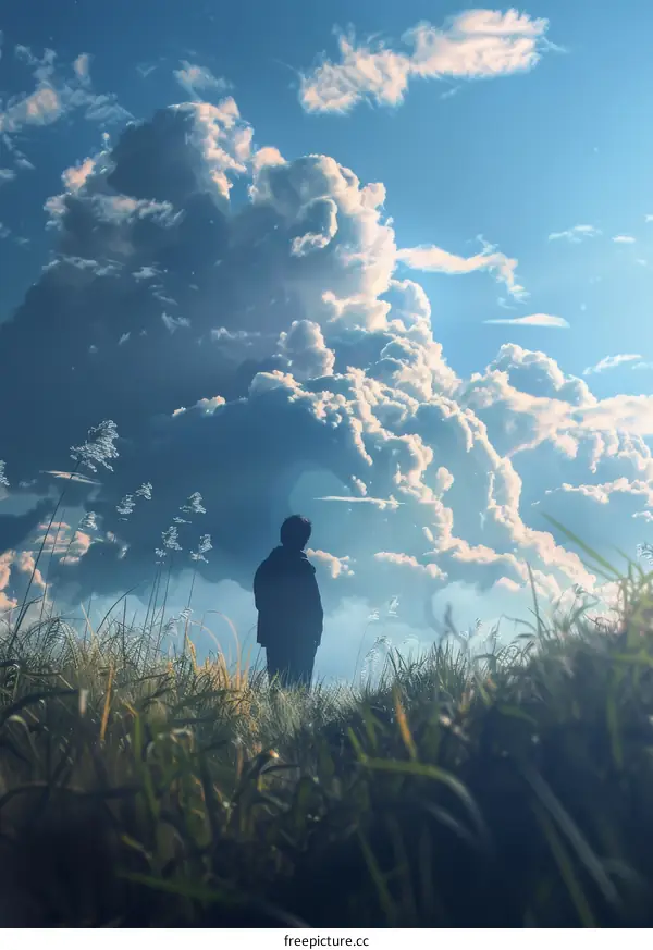 A person stands in an endless field of grass under a vast and spectacular sky