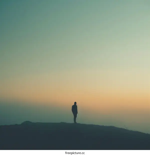 Silhouette of a Man on a Hilltop Overlooking Foggy Landscape