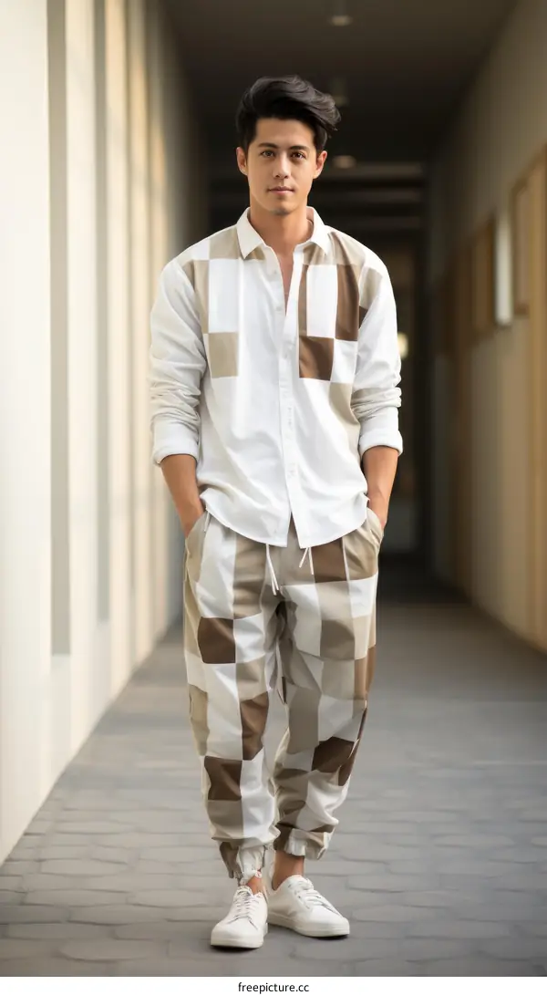Asian man wearing a white and brown checkered outfit