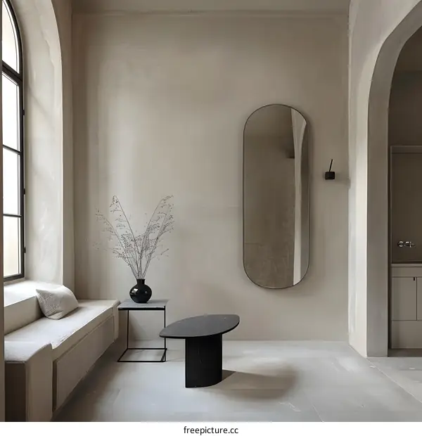 Minimalist Interior Design With Oval Mirror and Black Coffee Table