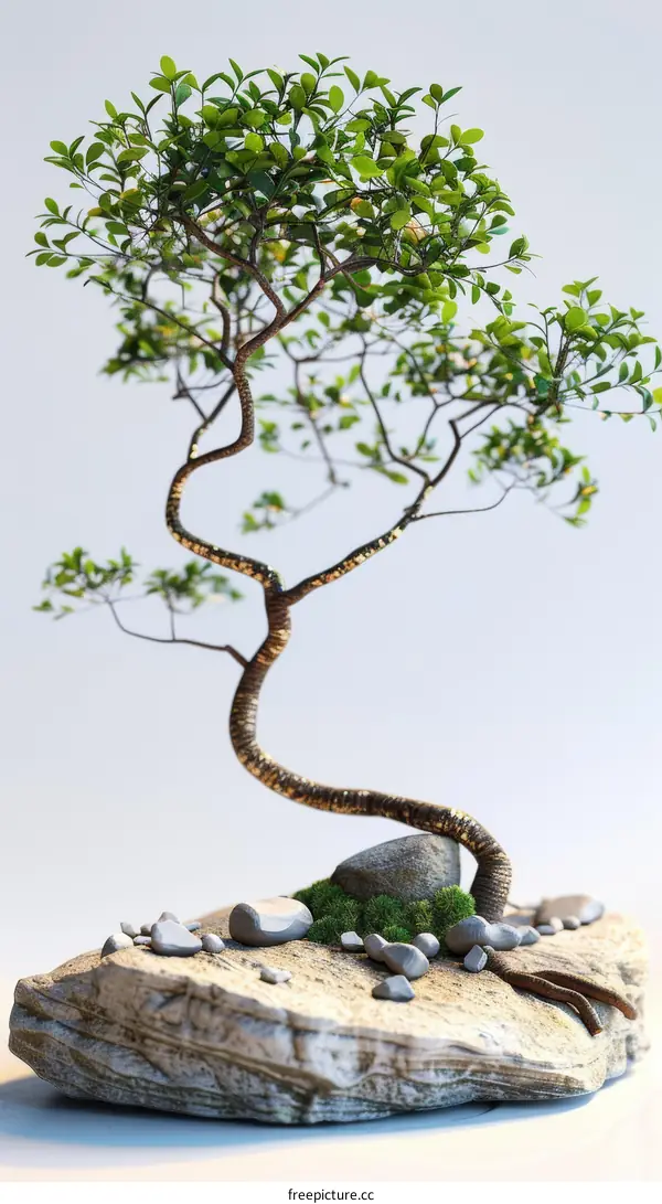 Small bonsai tree in a pot with green leaves and a winding trunk