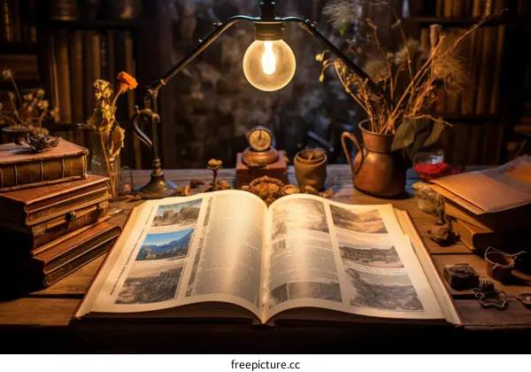 Vintage books and flowers on a wooden table with a lamp