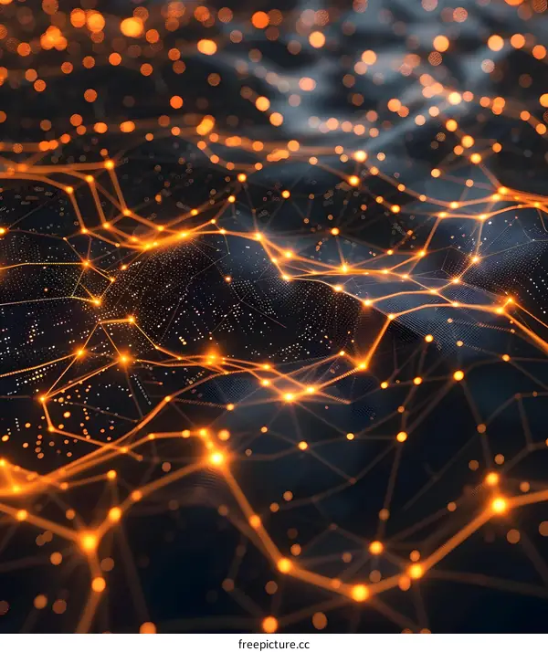 Abstract technology background with orange glowing dots and lines.