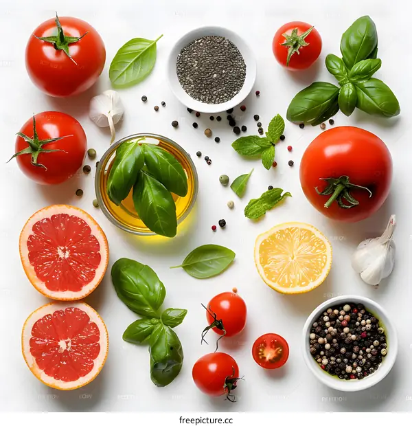 Various colorful vegetables and fruits on white background