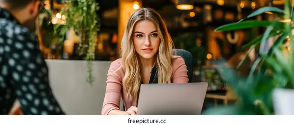 Young Woman Working on Laptop in Cafe with a Friend