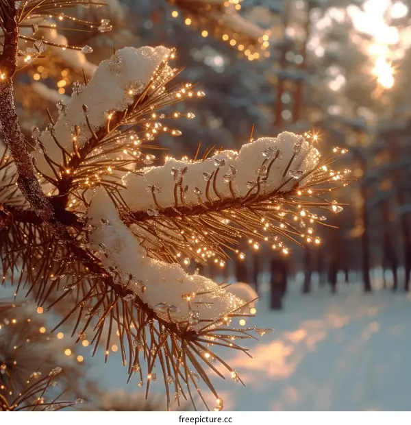 Close-up of snow-covered pine branches glistening in the sunlight